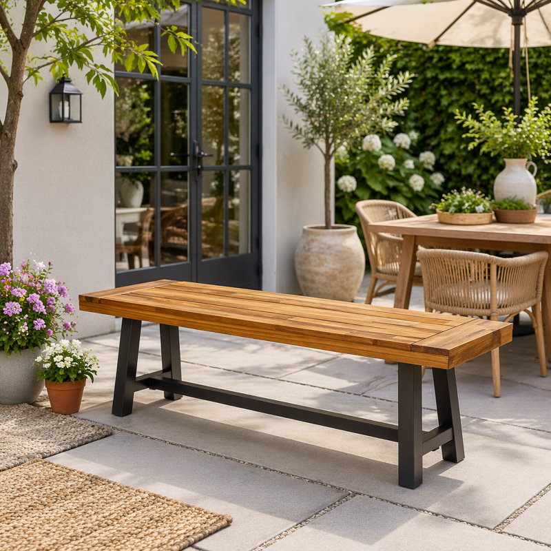 Banc de salle à manger en bois d'acacia avec cadre en métal noir rustique, Brun - 2 pièces