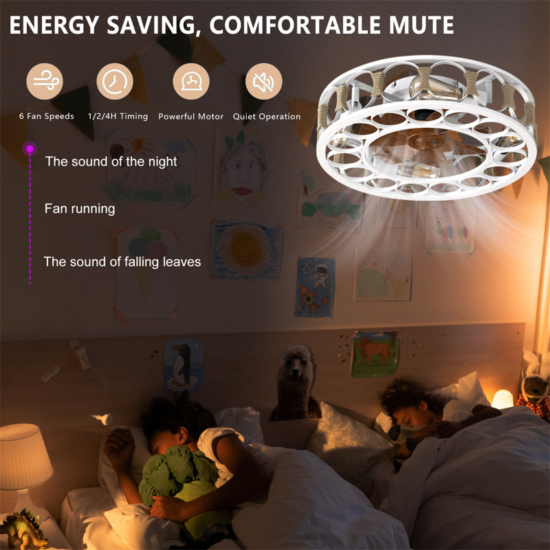 White Iron Caged Ceiling Fan with Remote and LED Lights