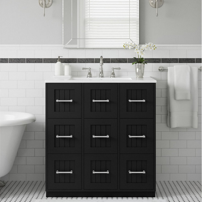 Meuble-lavabo simple de 30 pouces avec lavabo en céramique, armoire de rangement avec 1 tiroir basculant, 2 tiroirs et 3 tiroirs à fermeture en douceur
