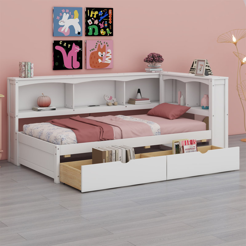 Lit de jour avec deux tiroirs de rangement, armoires de rangement et ports USB, Blanc