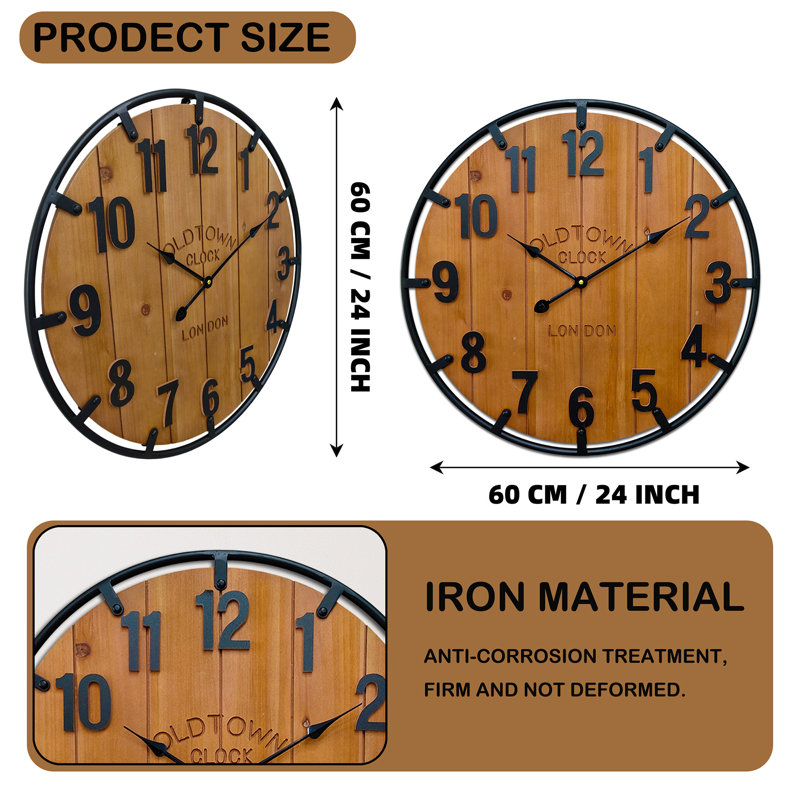 Horloge murale rustique en bois avec cadre en fer (blanc, 24 pouces), Médium