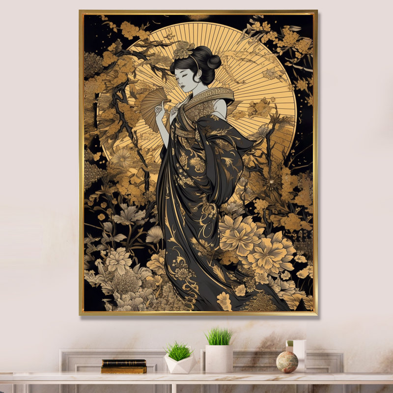 Femme japonaise élégante I - Impression sur toile, H 44 po x l 34 po x P 1,5 po, Cadre flottant doré