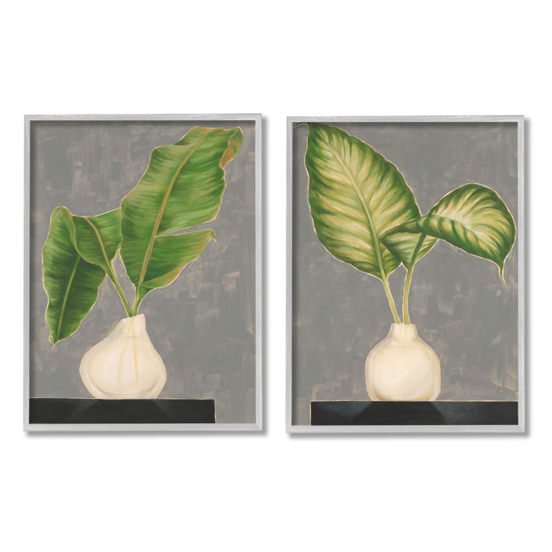 Grande nature morte en pot à feuilles de palmier par Jennifer Goldberger - ensemble de 2 peintures, H 14 po x l 11 po