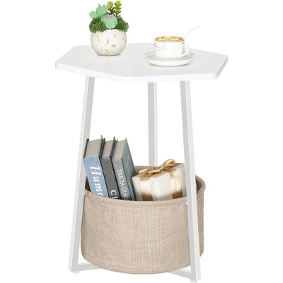 Hexagonal Small Side Table With Storage Basket, Modern Nightstand, White