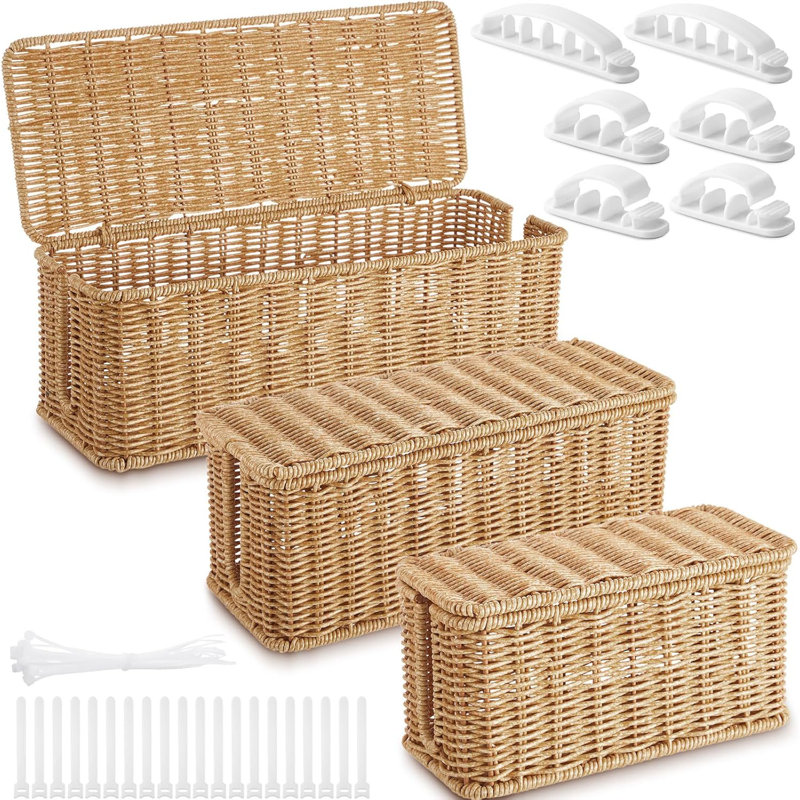 3 Pcs Cable Management Box Synthetic Rattan Cord Organizer Box Cable Hider Box Storage Wire Box With 2 Open Slots For Home Office Desk Computer TV Wires USB Hub ,Small,Medium,Large