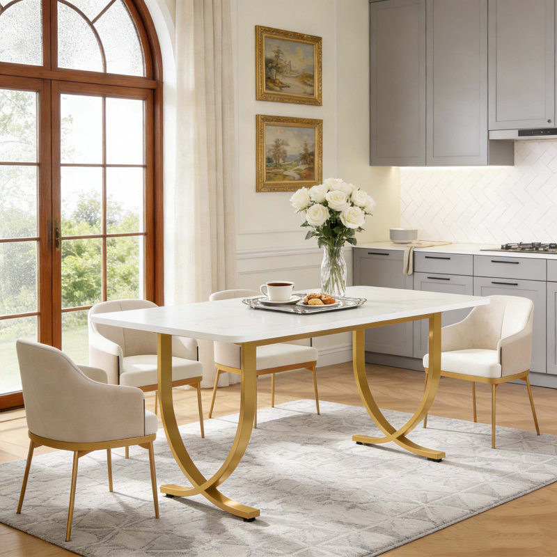 Table de salle à manger moderne avec plateau en faux marbre, Blanc et or