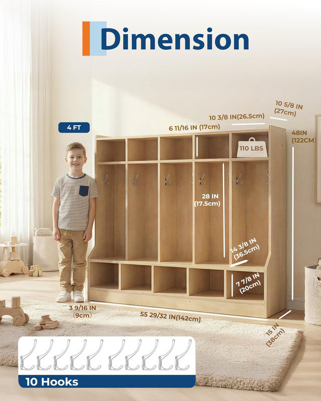 Transitional Kids Storage Bench with 10 Cubbies & Hooks, Mobile Organizer for Entryway, Classroom & Playroom