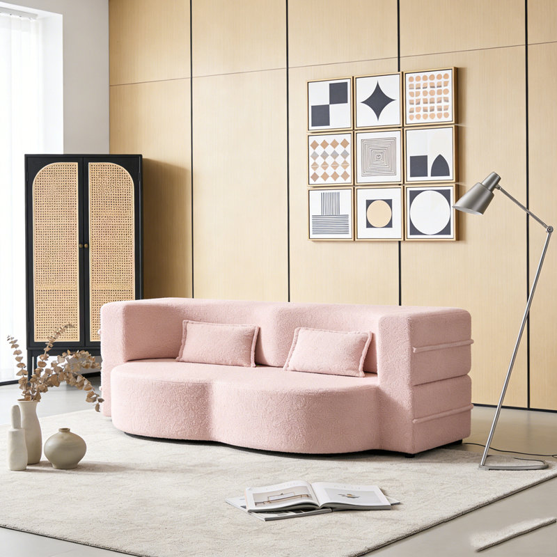 Modern Floor Sofa with 2 Pillows, Pink, Teddy