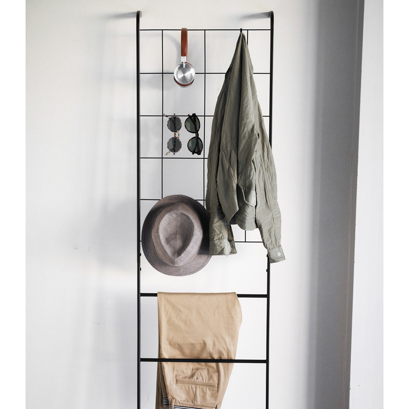 Black Steel Grid-Panel Leaning Ladder Storage Rack