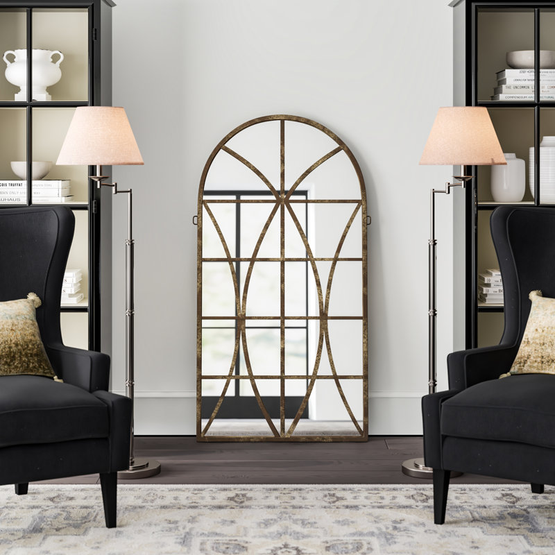 Metal Window Pane Inspired Room Wall Mirror with Arched Top