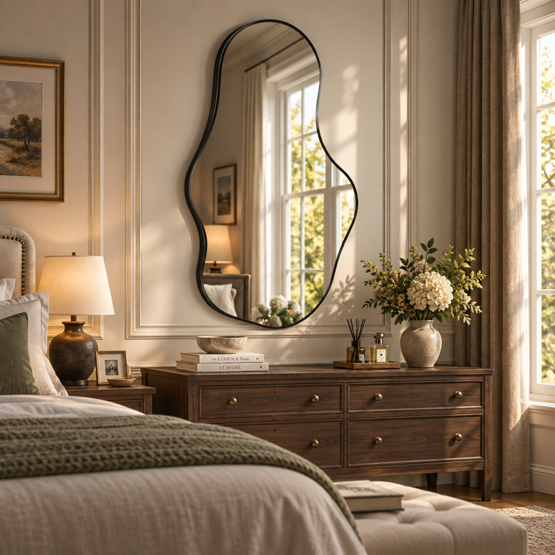 Miroir mural moderne et asymétrique avec cadre en aluminium - Conception géométrique unique pour le salon, la chambre à coucher ou le vestibule