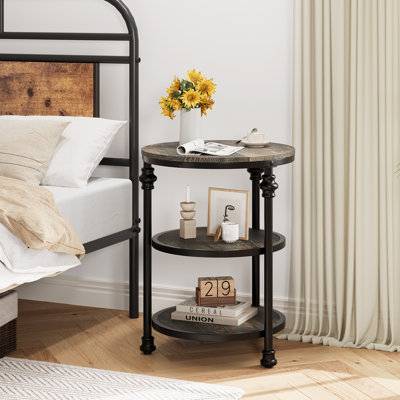 Table d'appoint ronde à 3 niveaux avec tablettes de rangement - Structure en métal industriel - Table de bout décorative pour le salon ou la chambre à coucher - Table de chevet de table basse - Couleur: chêne foncé