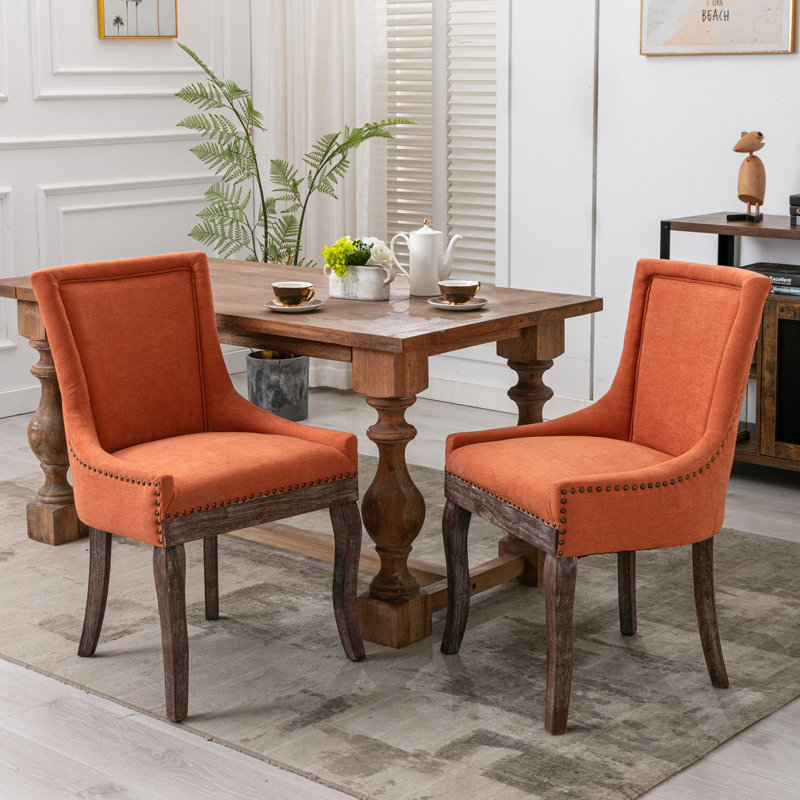 Of 2 Orange Chairs, Ultra Side Style, Thickened Fabric, Solid Wood Legs, 35.17 In. Height, 21.17 Width Dining 2Pcs, Fabric Seat, Bronze Nail Head, Orange,