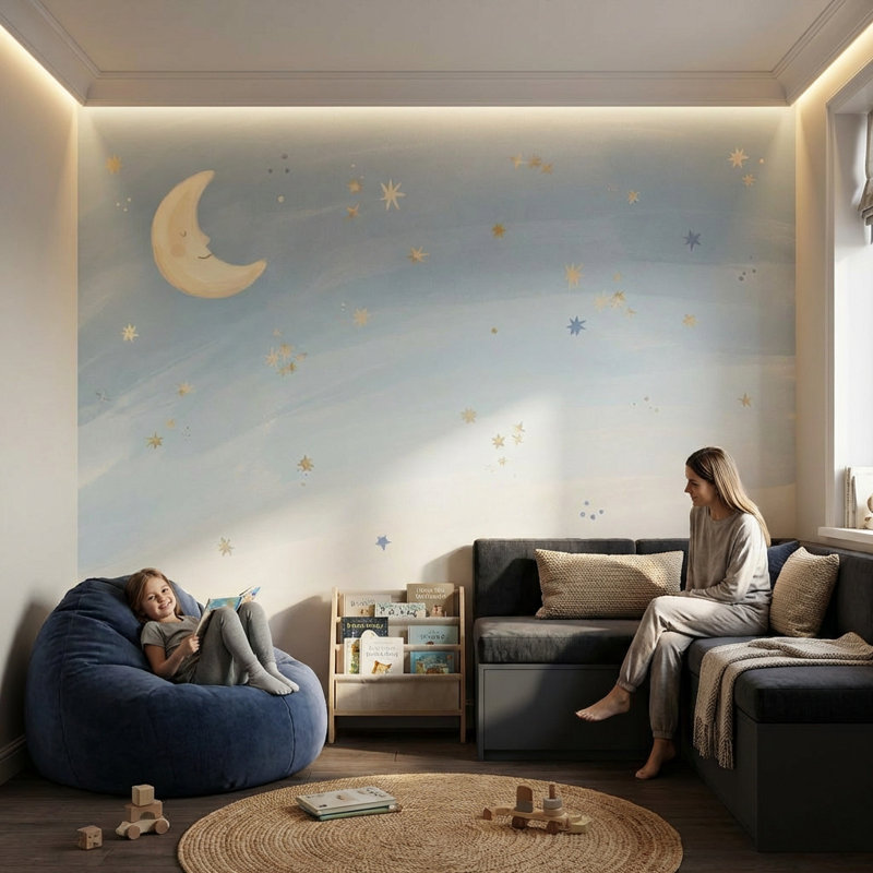Papier peint lune, étoiles, ciel étoilé, Non tissé non collé, 120" x 96"