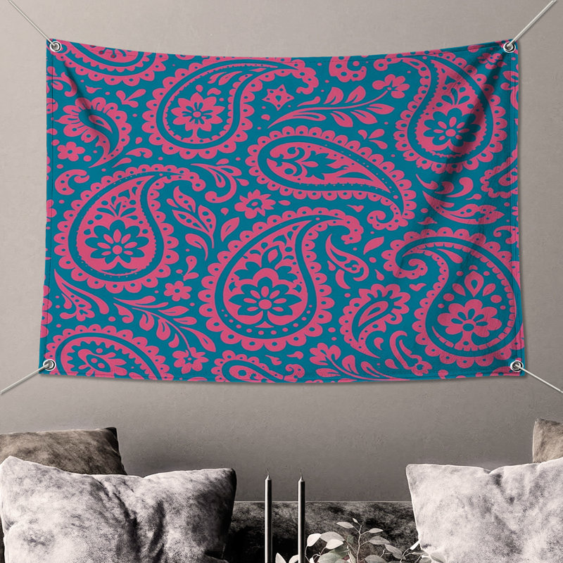 Tapisserie murale rose et bleu à motif cachemire - Décoration murale cachemire, 104in H x88 with 4 Grommets
