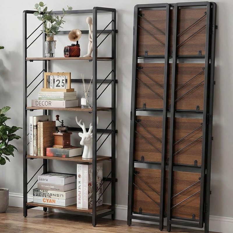 4-Tier Folding Bookshelf with No Assembly, Industrial Style Bookcase with Metal Frame and Brown Wood Shelves, Space-Saving Storage Rack