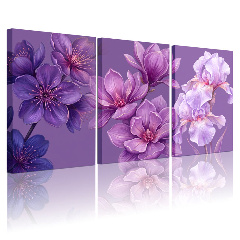 Ensemble de 3 tableaux muraux sur toile tendue représentant des fleurs violettes, H 24 po x l 48 po