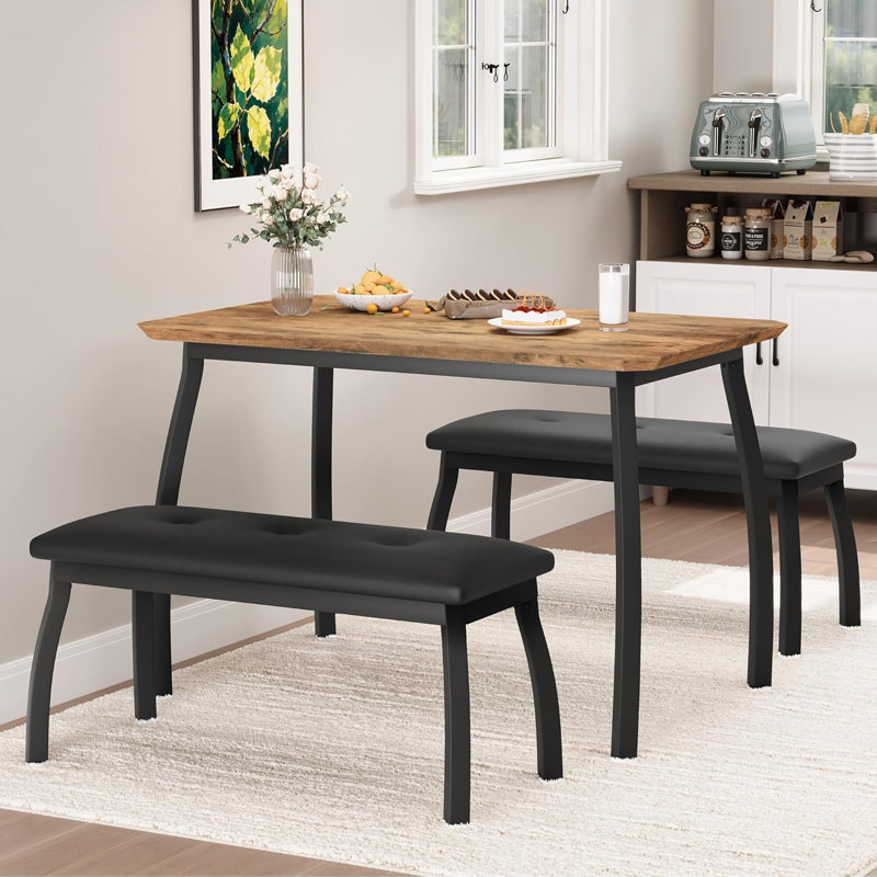 Ensemble de table de salle à manger de 43 po avec 2 bancs rembourrés, ensemble de table de salle à manger industriel avec cadre en métal robuste, pour petits espaces, studio, restaurant, maison