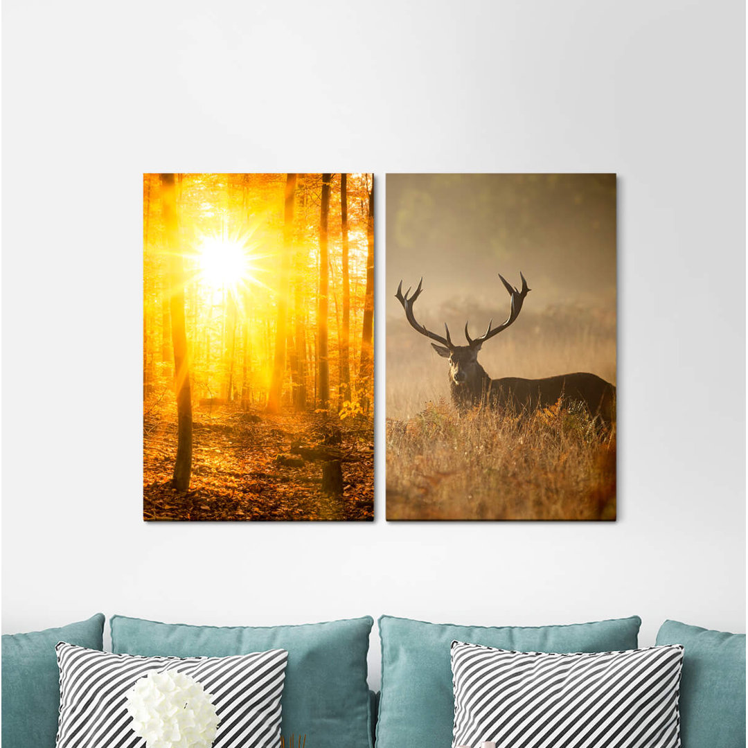 2-tlg. Leinwandbilder-Set - Fotografie „Forest Antlers Deer Autumn Peaceful Healing Positive Energy”