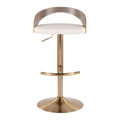 Tabouret de bar réglable contemporain avec pivot en métal doré, bois gris clair et similicuir Carleen