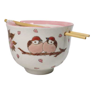 Twin Sparrows Cherry Blossom Ceramic Donburi Ramen Bowl With Chopsticks Set