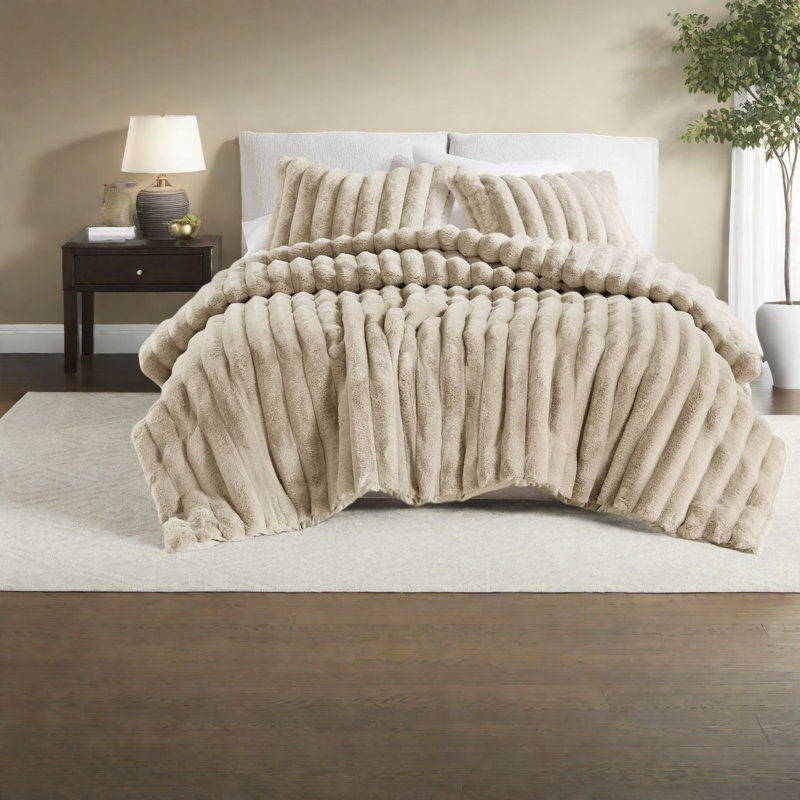 Ensemble de literie en fausse fourrure luxueuse Uluxoft, très grand, taupe, Cozy Home