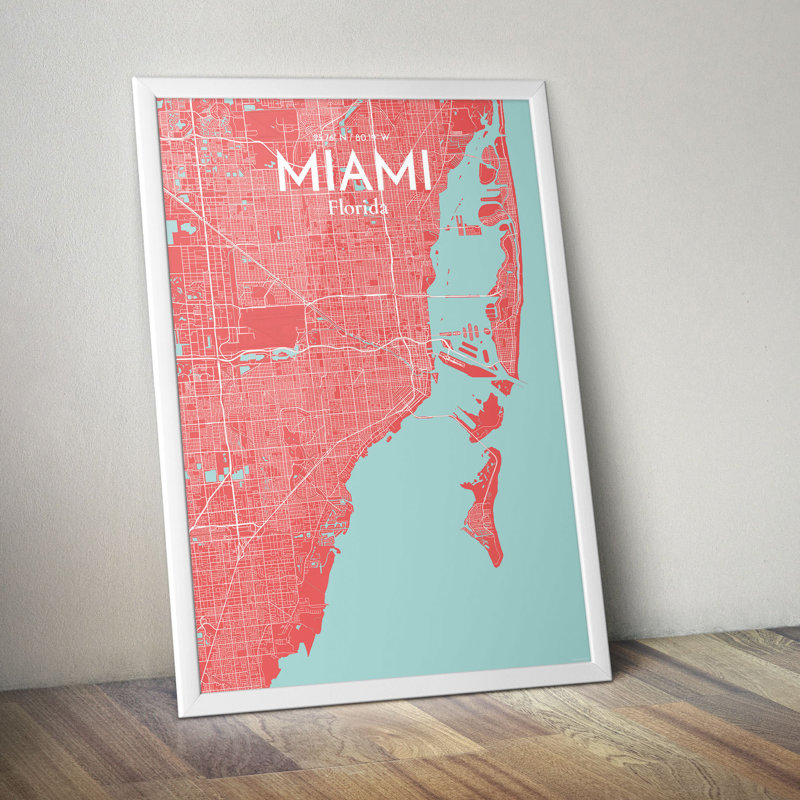 Miami City Map - impression d'art graphique, H 17 po x l 11 po x P 0,05 po
