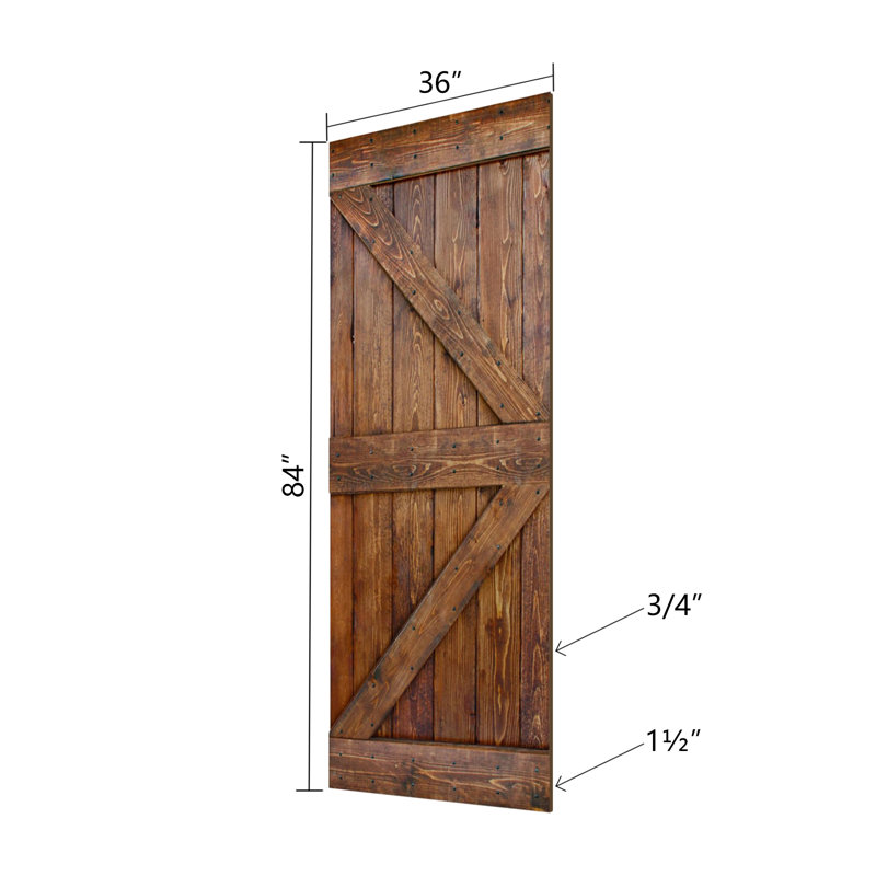 Porte de grange coulissante à panneaux en bois massif K avec ensemble de quincaillerie (ensemble de 2), Noyers, 72 po x 84 po