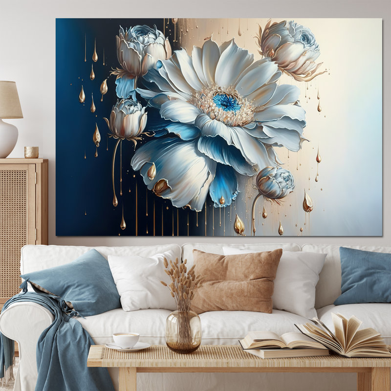 Ice Blue Daisy III - marguerite, art mural pour le salon, H 40 po x l 60 po