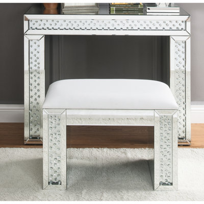 Meuble-lavabo avec tabouret en miroir assemblé avec faux cristaux, base en verre transparent de 4 mm, finition biseautée, profondeur de 16,2 po, tabouret à cristaux de 86,33 lb, incrustation de verre, largeur de 43,09 po