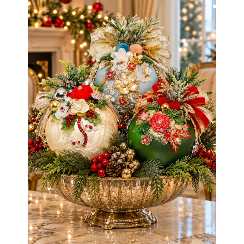 Floral Jeweled Ball Ornament, Set of 6 - 6-8 Inches
