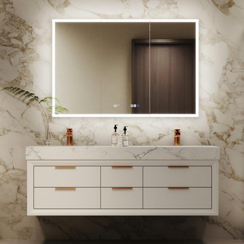 60'' Wall Mounted Double Bathroom Vanity with Engineered Stone Top, White