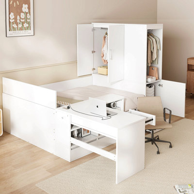 Lit plateforme double en bois avec 6 tiroirs, tablettes, bureau et garde-robe