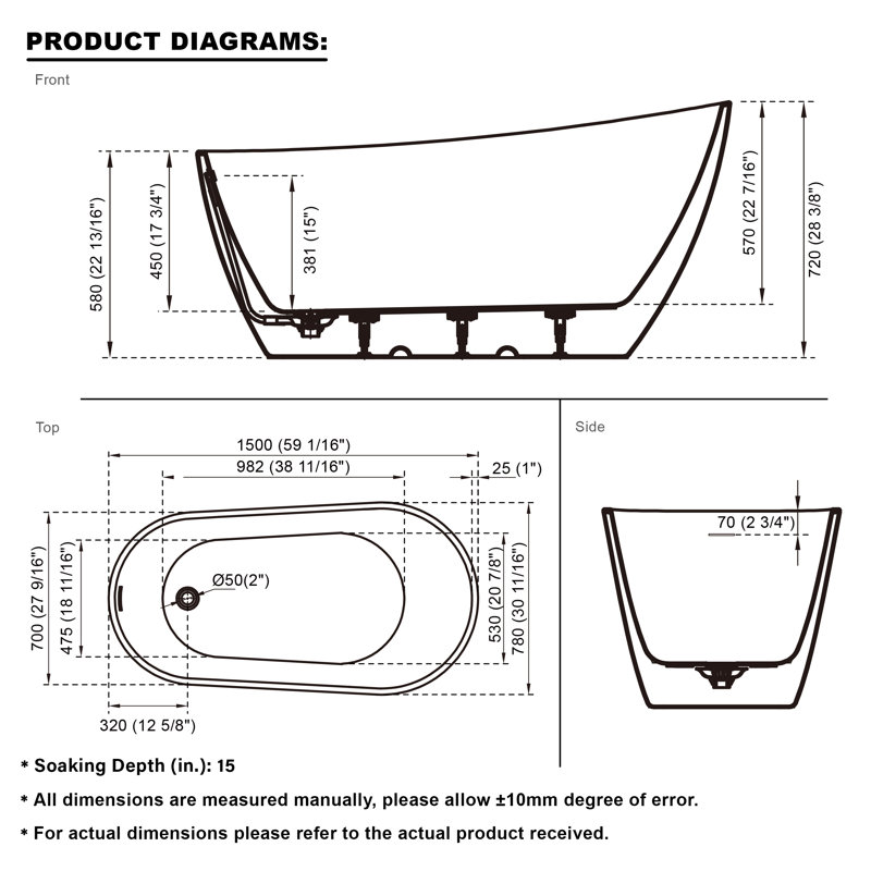 59' W,59 GALLONS Freestanding Acrylic Soaking  Bathtub With Drain And Overflow Holes