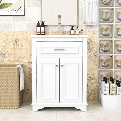 Meuble-lavabo de salle de bain avec lavabo en céramique intégré, tiroir basculant et tablettes réglables