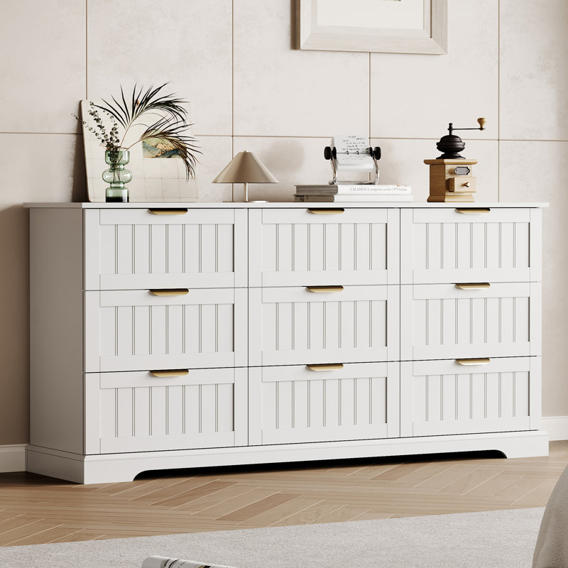 9-Drawer Dresser, 63"W Modern Chest of Drawers with Metal Handle, White