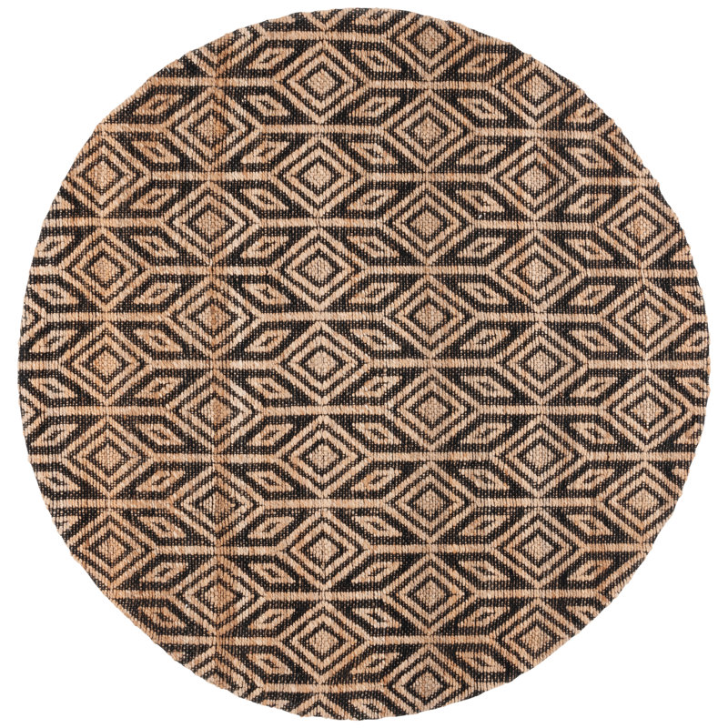 Roemer Natural Fiber Handloomed Jute Cotton Geometric Rug in Black/Natural, Round 7'