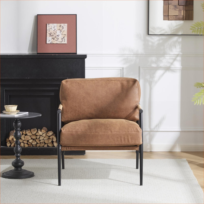 Modern Minimalist Accent Arm Chair, Wood-Tone Brown Faux Leather with Plush Cushions and Solid Wood Armrests