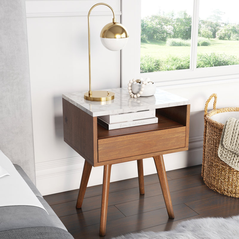 Faux Marble Nightstand with Drawer