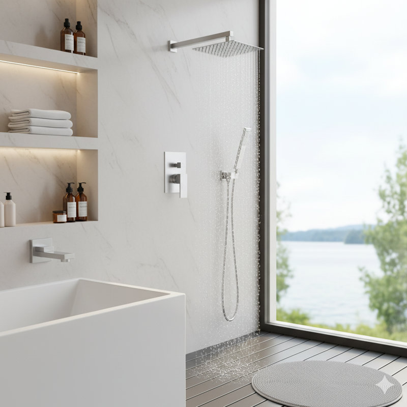 Système de douche de pluie mural de 10 pouces avec pomme de douche à main, bec de baignoire et valve à pression équilibrée