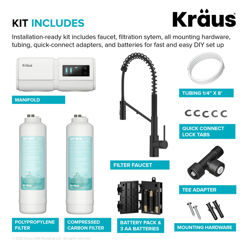 Robinet de cuisine KRAUS Oletto 2-en-1 de style commercial avec poignée rétractable et filtre à eau noir mat avec système de filtration sous-évier Purita
