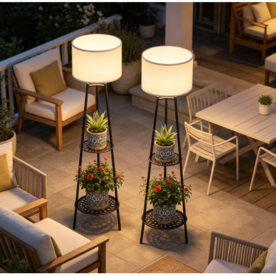 Paquet de 2 lumières solaires avec support pour plante à 2 niveaux, lampes sur pied d'extérieur, ampoules à DEL Edison imperméables pour patio, terrasse, patio, abat-jour blanc, 46 po