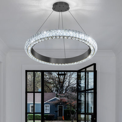 Lustre moderne 24 "à DEL avec anneau en cristal à intensité variable noir