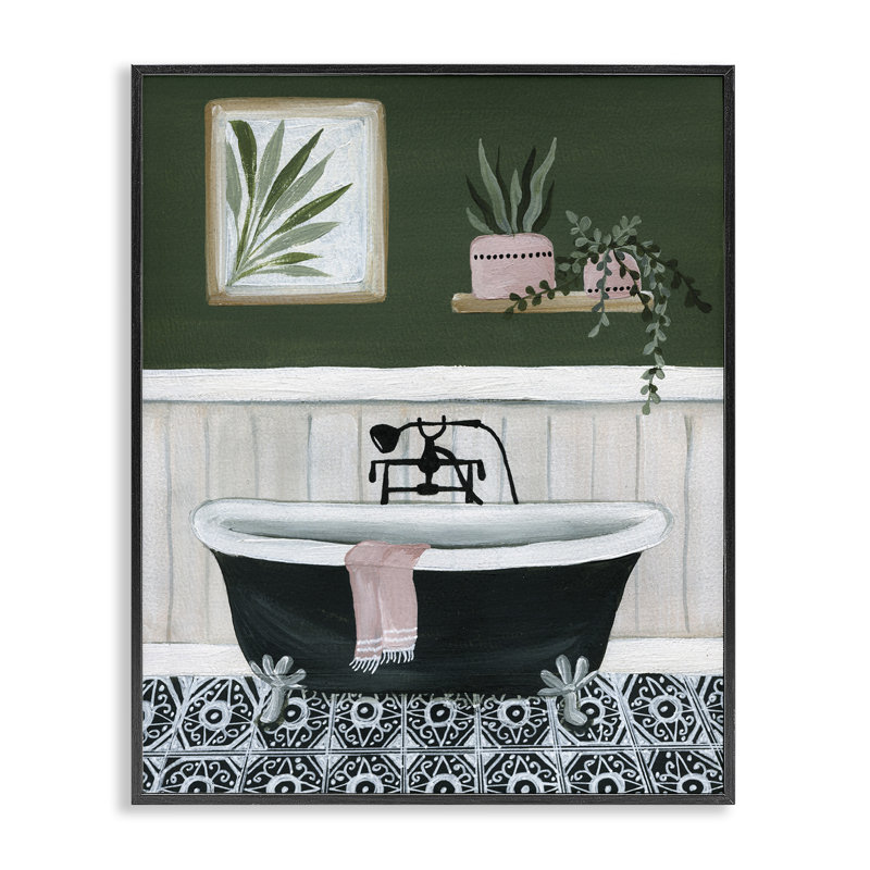 Scène de salle de bain verte, art giclée par Yvette St. Amant, Giclée encadrée noir minuit, H 14 po x l 11 po