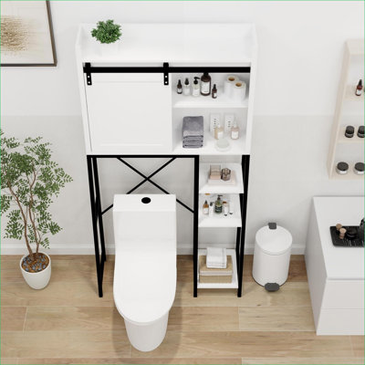 Over The Toilet Storage Cabinet, Farmhouse Sliding Barn Door Adjustable Shelves Side Storage Rack | White | MDF