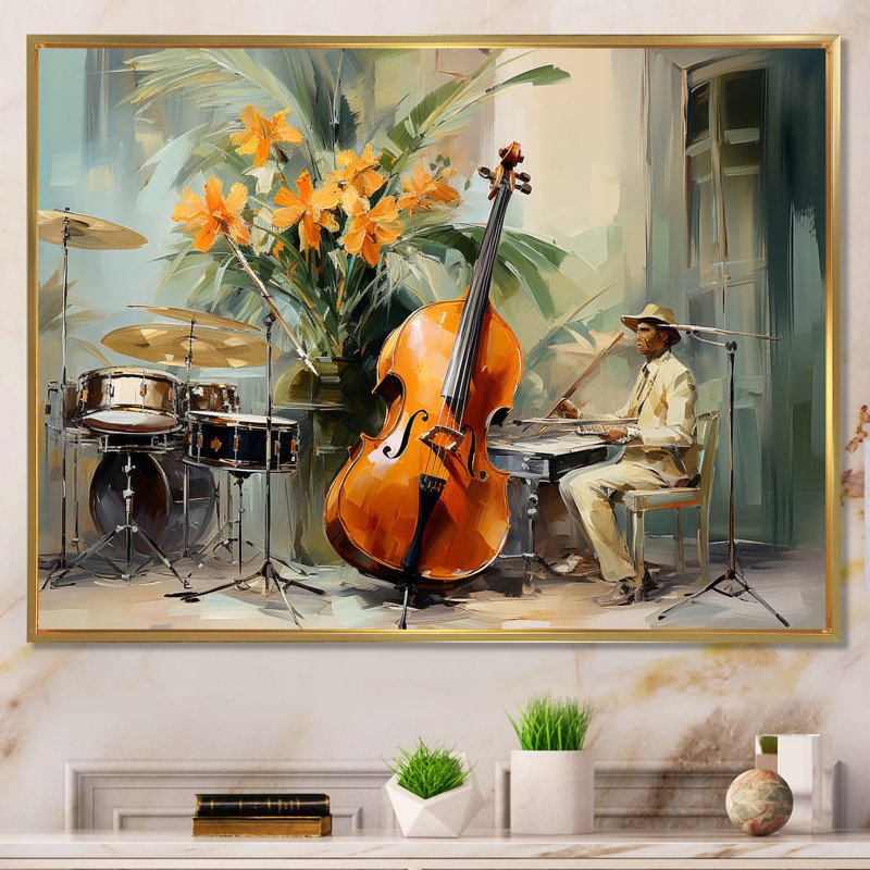 Chello Jazz Rhythms - musique, impressions sur toile, Cadre flottant doré, H 34 po x l 44 po x P 1,5 po