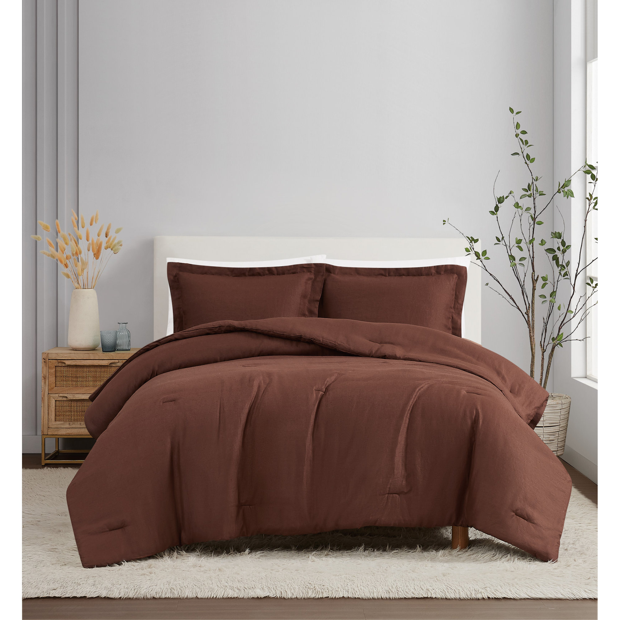 Nena 100% Linen Bedding Set, Brown, Queen Comforter + 2 Standard Shams