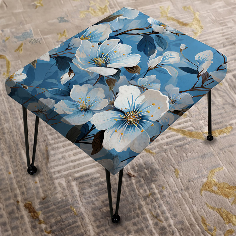 White And Blue Bliss Floral Pattern II - Floral Rectangle Ottoman