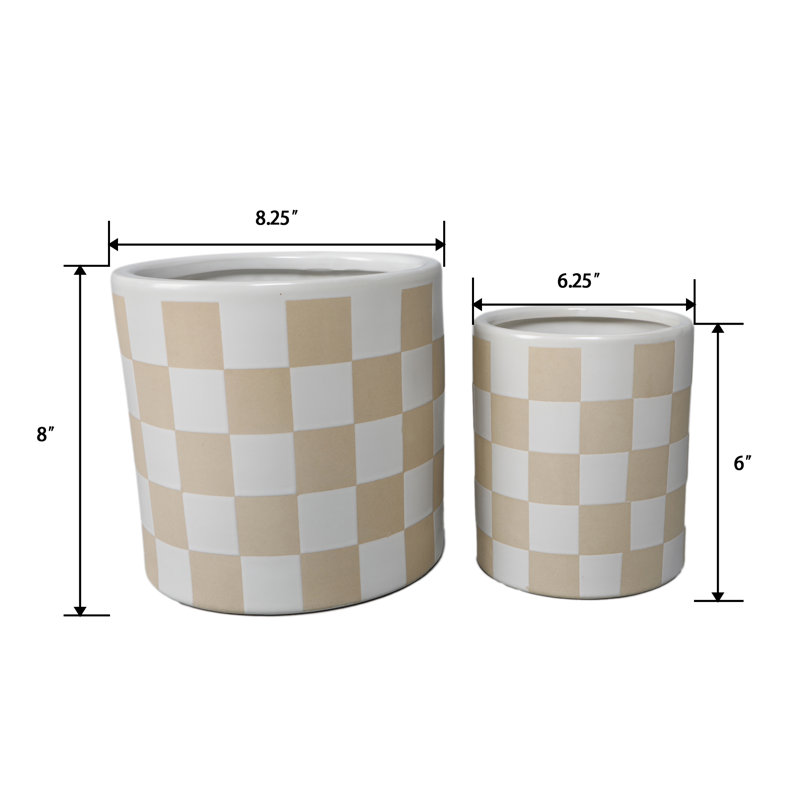 Set Of 2,8.25" & 6.25" BEIGE Checker Planter