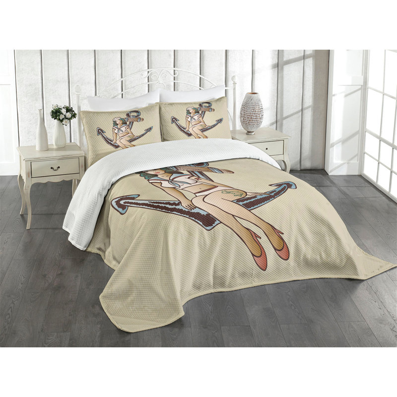 Ambesonne Anchor Bedspread Set Sailor American Traditional Multicolor, King Bedspread + 2 Standard Shams